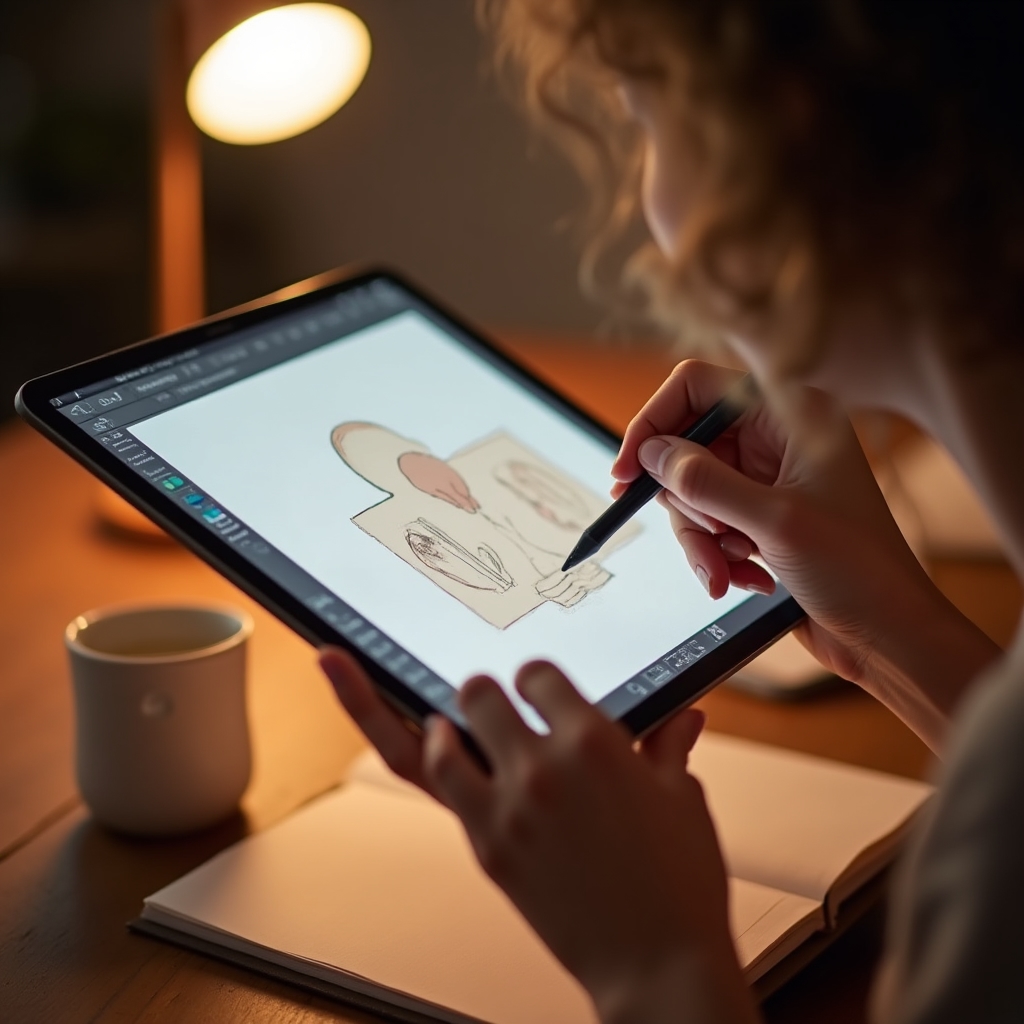 Persoană tânără exersând compoziție digitală pe un iPad folosind aplicația Procreate