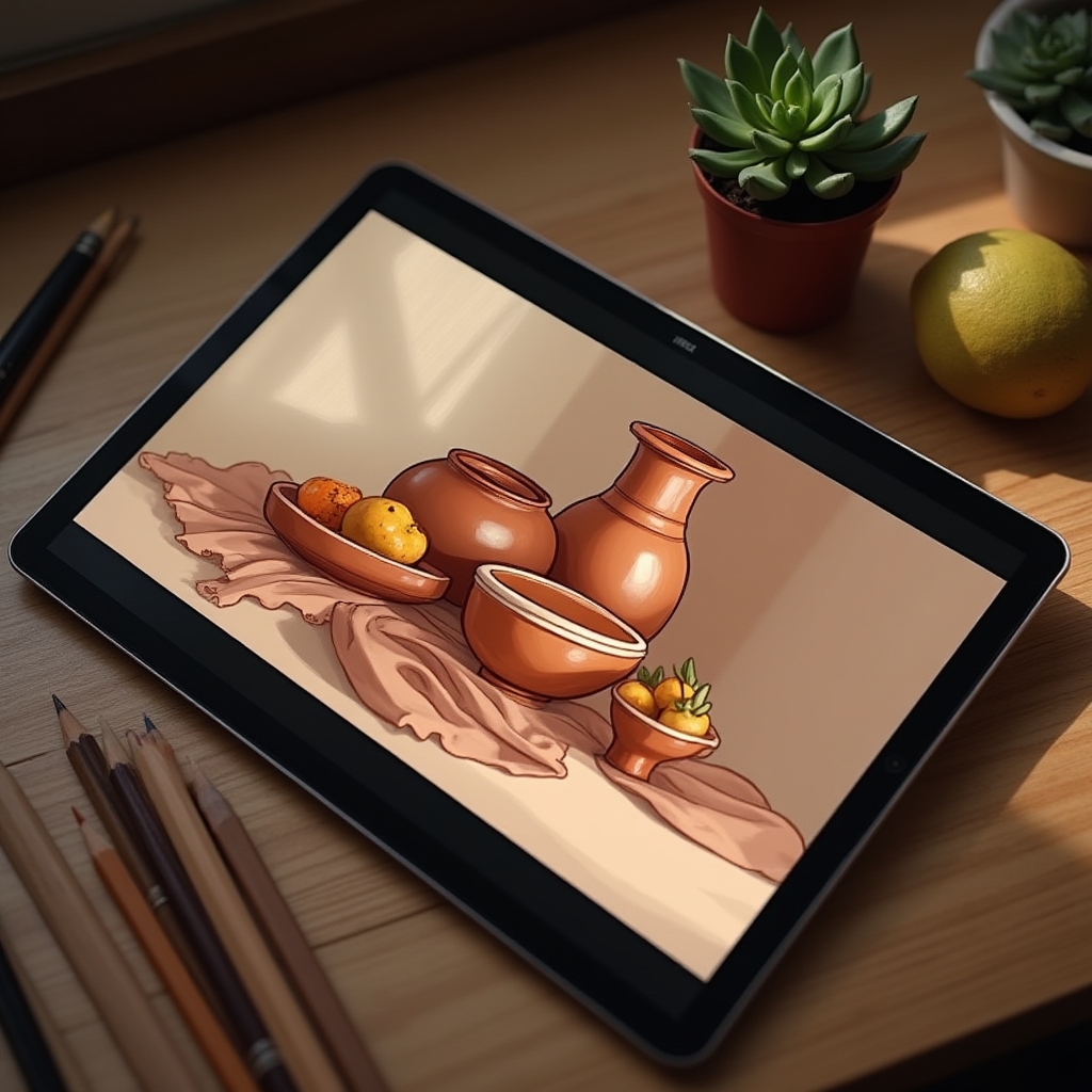 Ilustrație digitală de tip natură statică cu obiecte simple realizată de o cursantă