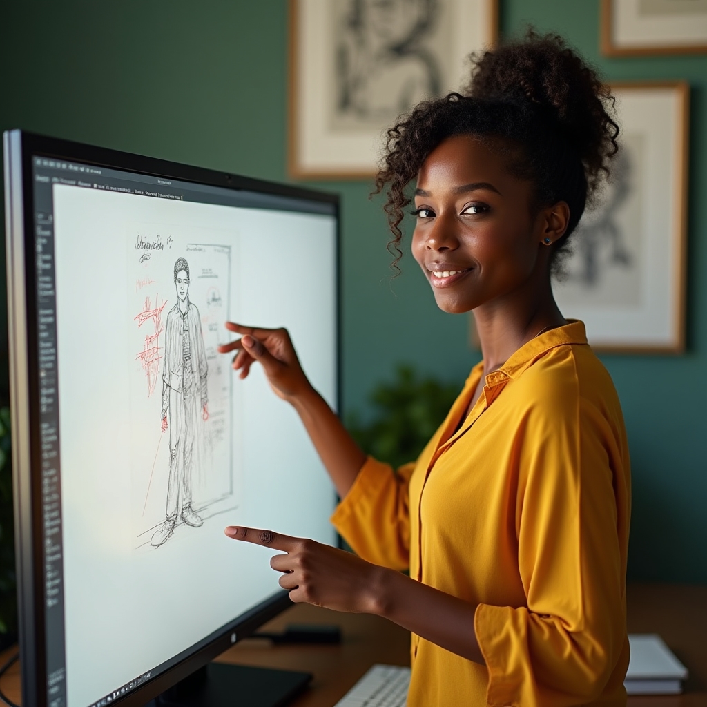 Ilustrator profesionist analizând lucrări digitale pe un ecran mare, pregătit pentru o sesiune live