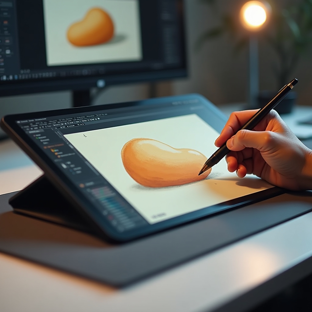 Ecran de tabletă grafică afișând o interfață de desen digital cu straturi și pensule